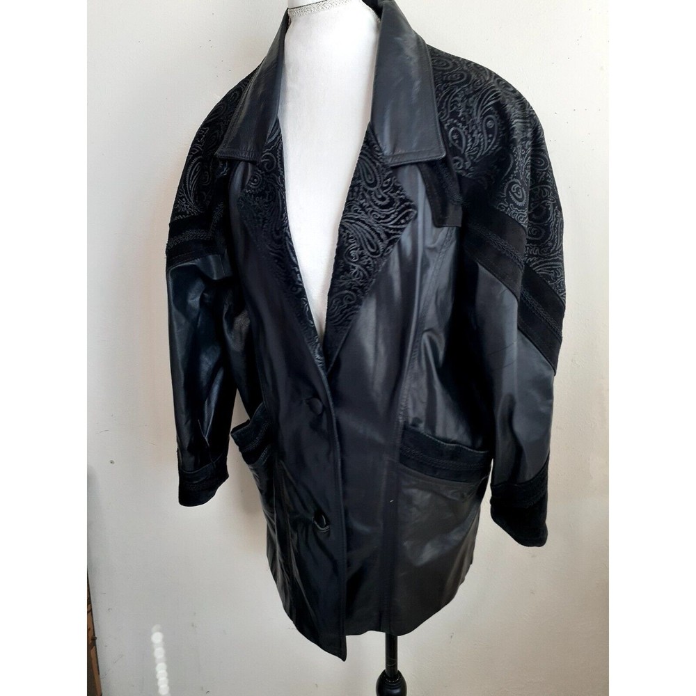 90's Comint Women Embroided Leather Coat Jacket Batwing PM Black Pockets Button